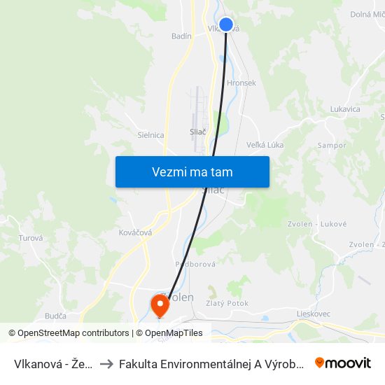 Vlkanová - Žel. Stanica to Fakulta Environmentálnej A Výrobnej Technicky Tuzvo map