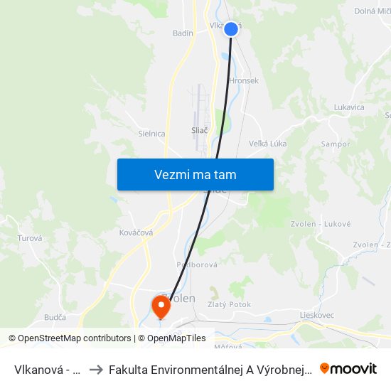 Vlkanová - Otočka to Fakulta Environmentálnej A Výrobnej Technicky Tuzvo map