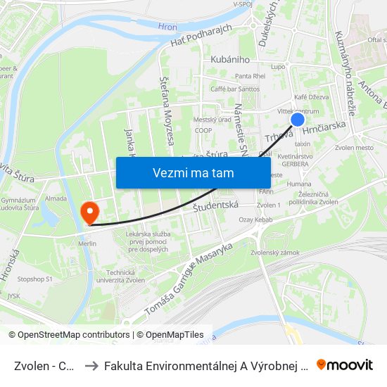 Zvolen - Centrum to Fakulta Environmentálnej A Výrobnej Technicky Tuzvo map