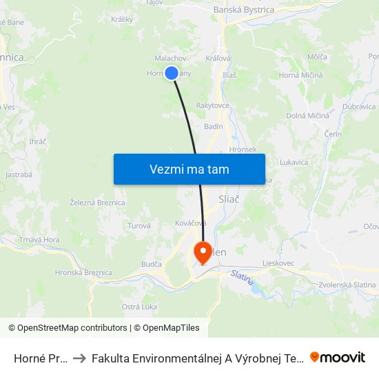 Horné Pršany to Fakulta Environmentálnej A Výrobnej Technicky Tuzvo map