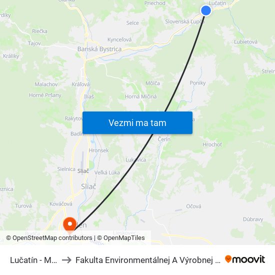 Lučatín - Mlynčok to Fakulta Environmentálnej A Výrobnej Technicky Tuzvo map