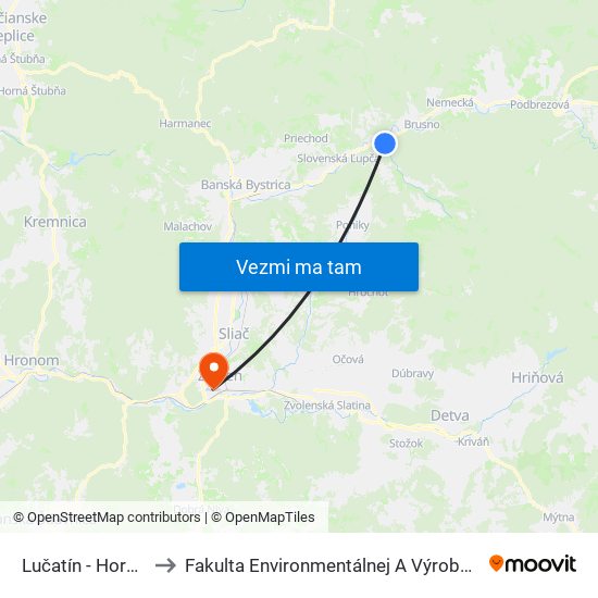 Lučatín - Horný Koniec to Fakulta Environmentálnej A Výrobnej Technicky Tuzvo map