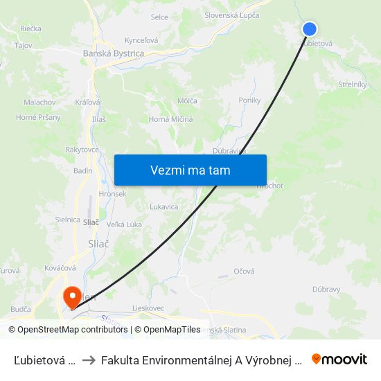 Ľubietová - Huta to Fakulta Environmentálnej A Výrobnej Technicky Tuzvo map