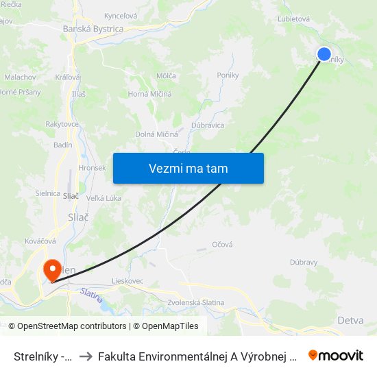 Strelníky - Fibek to Fakulta Environmentálnej A Výrobnej Technicky Tuzvo map