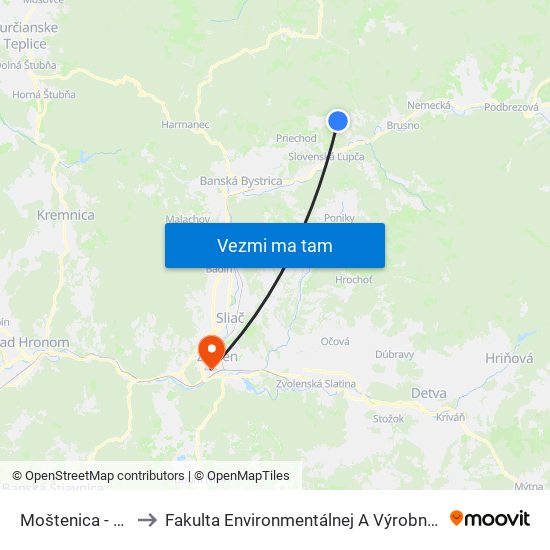 Moštenica - Vápenka to Fakulta Environmentálnej A Výrobnej Technicky Tuzvo map