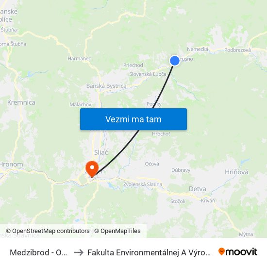 Medzibrod - Obecný Úrad to Fakulta Environmentálnej A Výrobnej Technicky Tuzvo map