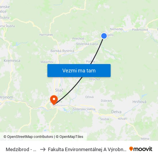 Medzibrod - Žel. Zast. to Fakulta Environmentálnej A Výrobnej Technicky Tuzvo map