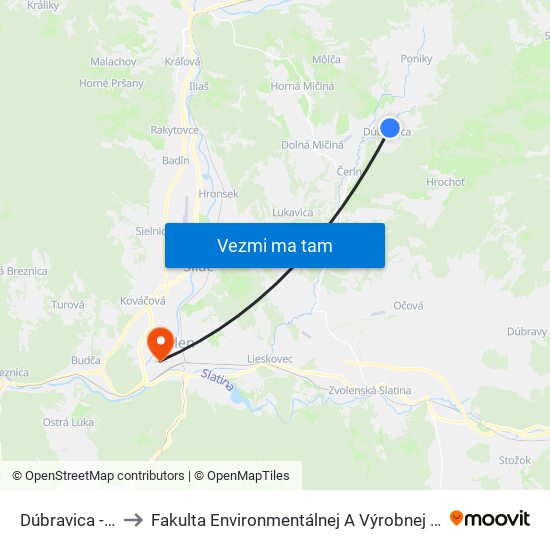 Dúbravica - Garáž to Fakulta Environmentálnej A Výrobnej Technicky Tuzvo map