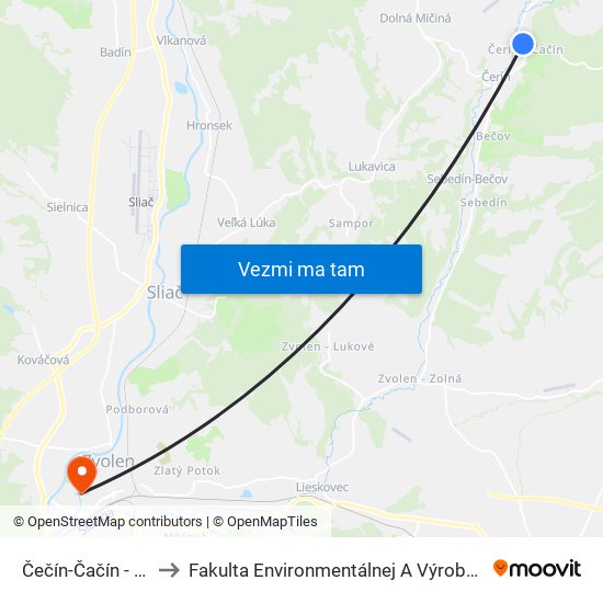 Čečín-Čačín - Rázcestie to Fakulta Environmentálnej A Výrobnej Technicky Tuzvo map