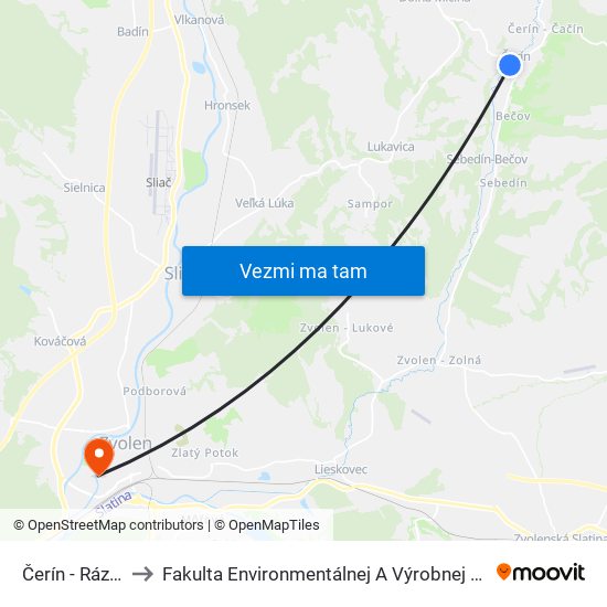 Čerín - Rázcestie to Fakulta Environmentálnej A Výrobnej Technicky Tuzvo map