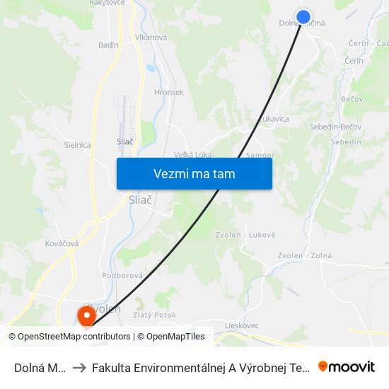 Dolná Mičiná to Fakulta Environmentálnej A Výrobnej Technicky Tuzvo map