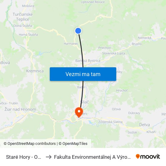 Staré Hory - Obecný Úrad to Fakulta Environmentálnej A Výrobnej Technicky Tuzvo map