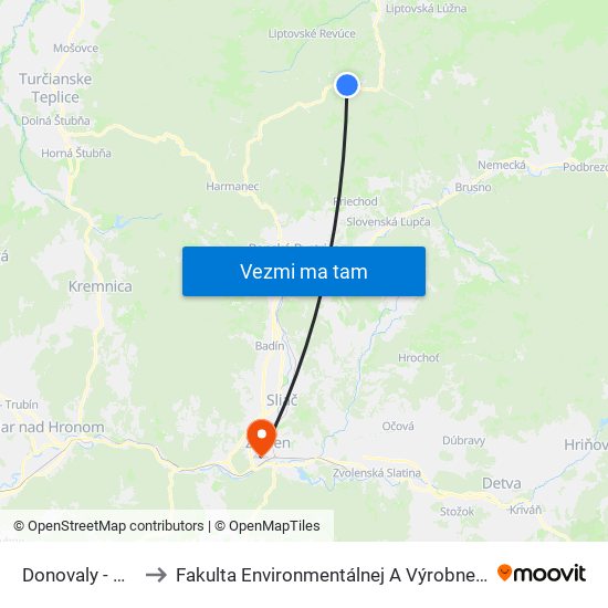 Donovaly - Centrum to Fakulta Environmentálnej A Výrobnej Technicky Tuzvo map