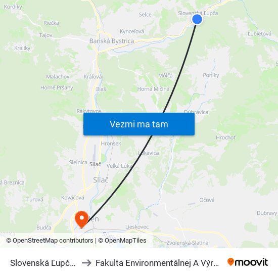 Slovenská Ľupča - Rázcestie to Fakulta Environmentálnej A Výrobnej Technicky Tuzvo map