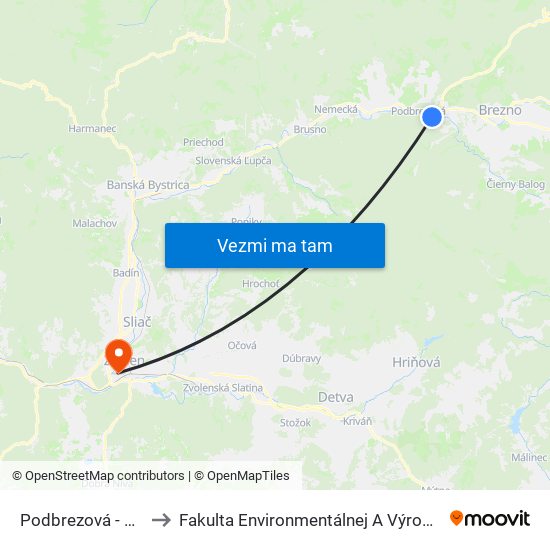 Podbrezová - Nemocnica to Fakulta Environmentálnej A Výrobnej Technicky Tuzvo map