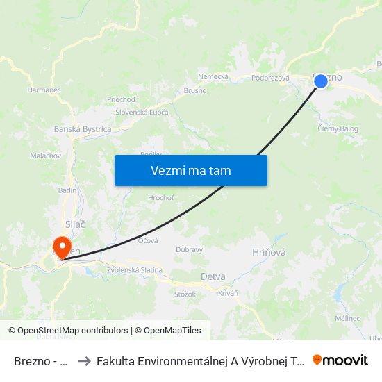 Brezno - Tesco to Fakulta Environmentálnej A Výrobnej Technicky Tuzvo map