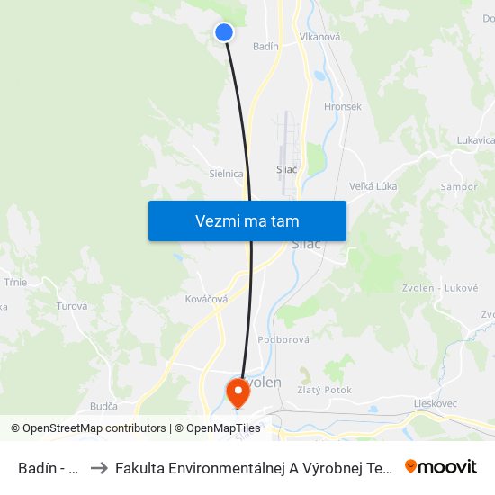 Badín - Hliny to Fakulta Environmentálnej A Výrobnej Technicky Tuzvo map