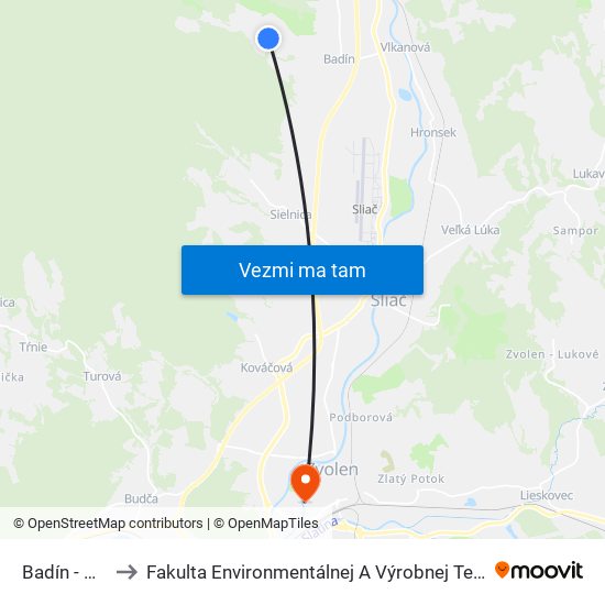 Badín - Vŕšok to Fakulta Environmentálnej A Výrobnej Technicky Tuzvo map