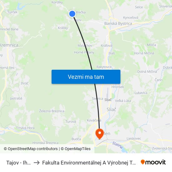 Tajov - Ihrisko to Fakulta Environmentálnej A Výrobnej Technicky Tuzvo map