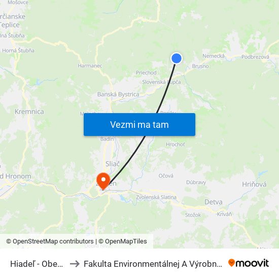 Hiadeľ - Obecný Úrad to Fakulta Environmentálnej A Výrobnej Technicky Tuzvo map