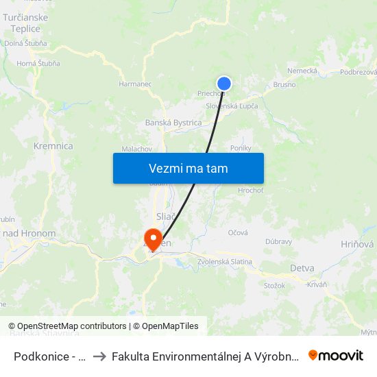 Podkonice - Kaplnka to Fakulta Environmentálnej A Výrobnej Technicky Tuzvo map