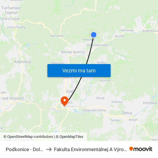 Podkonice - Dolná Zastávka to Fakulta Environmentálnej A Výrobnej Technicky Tuzvo map