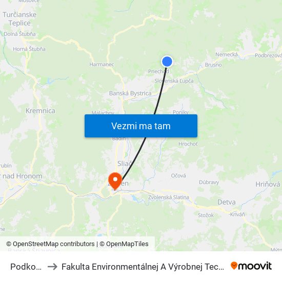 Podkonice to Fakulta Environmentálnej A Výrobnej Technicky Tuzvo map