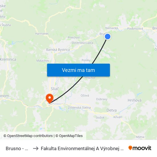 Brusno - Kúpele to Fakulta Environmentálnej A Výrobnej Technicky Tuzvo map