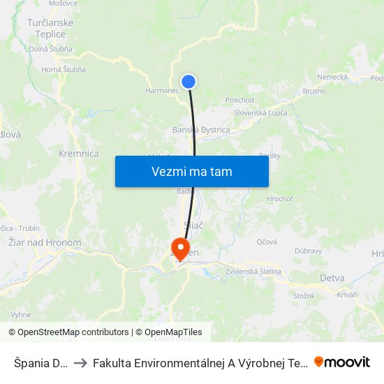 Špania Dolina to Fakulta Environmentálnej A Výrobnej Technicky Tuzvo map