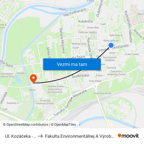 Ul. Kozáčeka - Centrum to Fakulta Environmentálnej A Výrobnej Technicky Tuzvo map