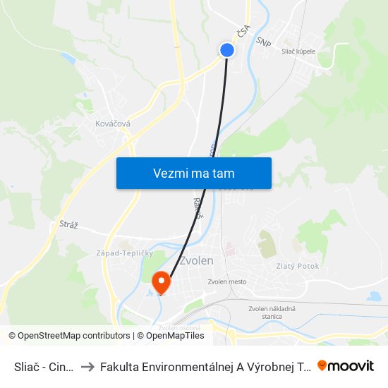 Sliač - Cintoríny to Fakulta Environmentálnej A Výrobnej Technicky Tuzvo map