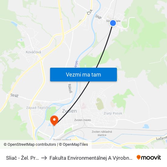 Sliač - Žel. Priecestie to Fakulta Environmentálnej A Výrobnej Technicky Tuzvo map