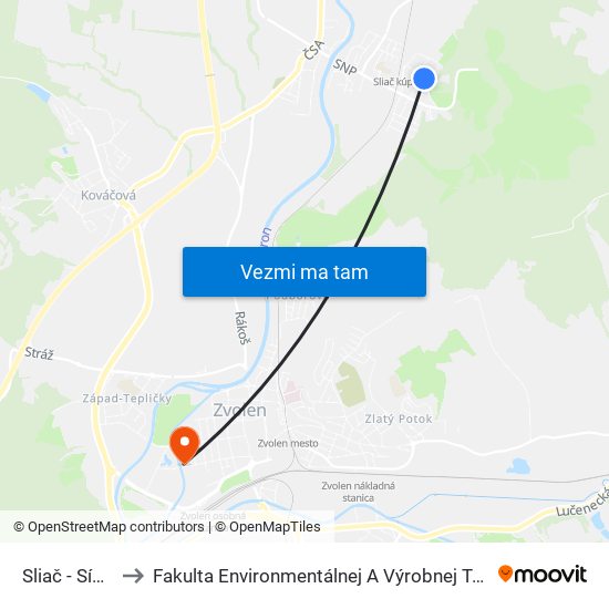 Sliač - Sídlisko to Fakulta Environmentálnej A Výrobnej Technicky Tuzvo map