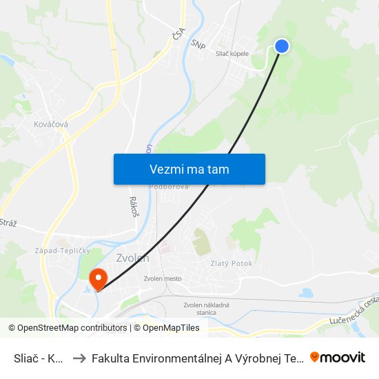 Sliač - Kúpele to Fakulta Environmentálnej A Výrobnej Technicky Tuzvo map