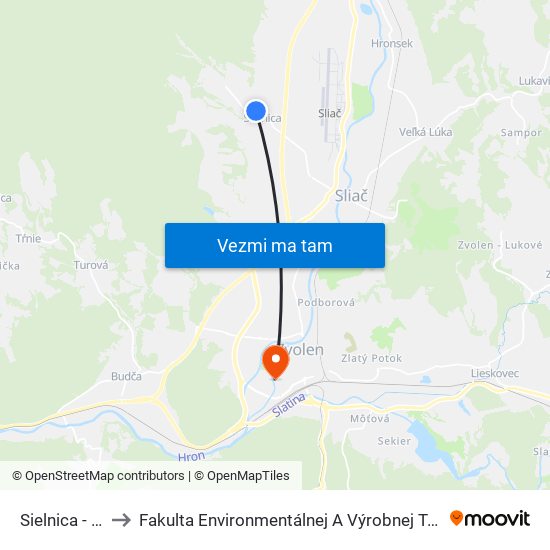 Sielnica - Stred to Fakulta Environmentálnej A Výrobnej Technicky Tuzvo map