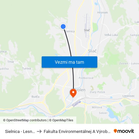 Sielnica - Lesnícky Dom to Fakulta Environmentálnej A Výrobnej Technicky Tuzvo map