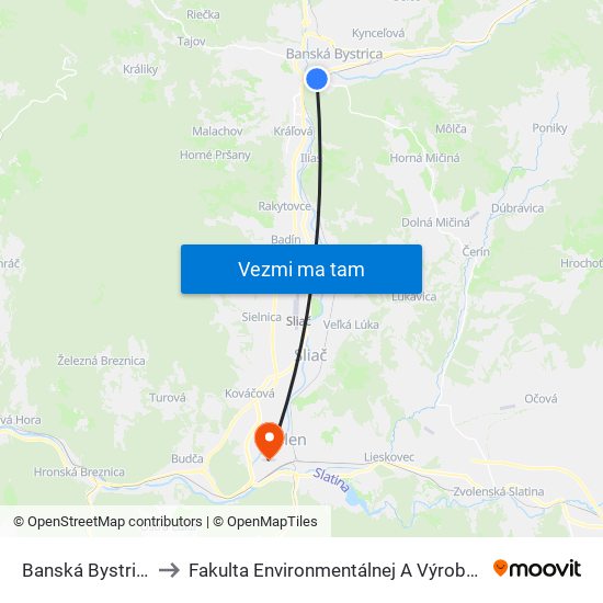 Banská Bystrica Mesto to Fakulta Environmentálnej A Výrobnej Technicky Tuzvo map