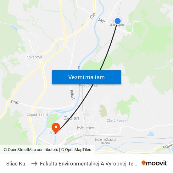 Sliač Kúpele to Fakulta Environmentálnej A Výrobnej Technicky Tuzvo map