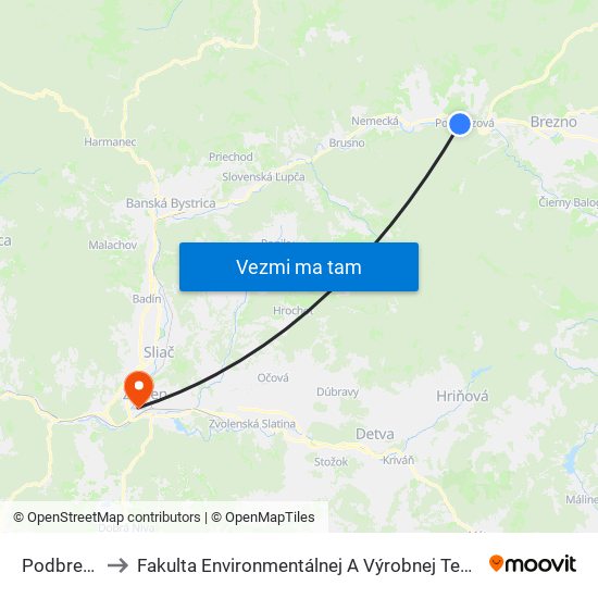 Podbrezová to Fakulta Environmentálnej A Výrobnej Technicky Tuzvo map