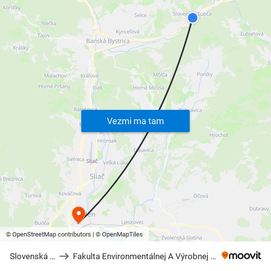 Slovenská Ľupča to Fakulta Environmentálnej A Výrobnej Technicky Tuzvo map