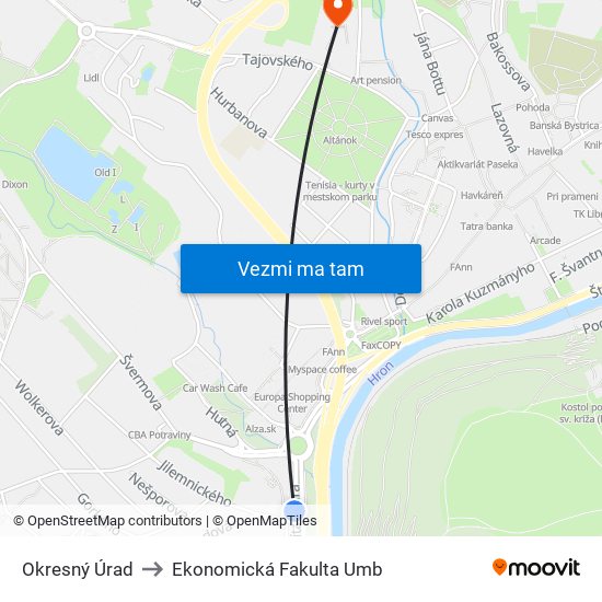 Okresný Úrad to Ekonomická Fakulta Umb map