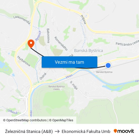 Železničná Stanica (A&B) to Ekonomická Fakulta Umb map