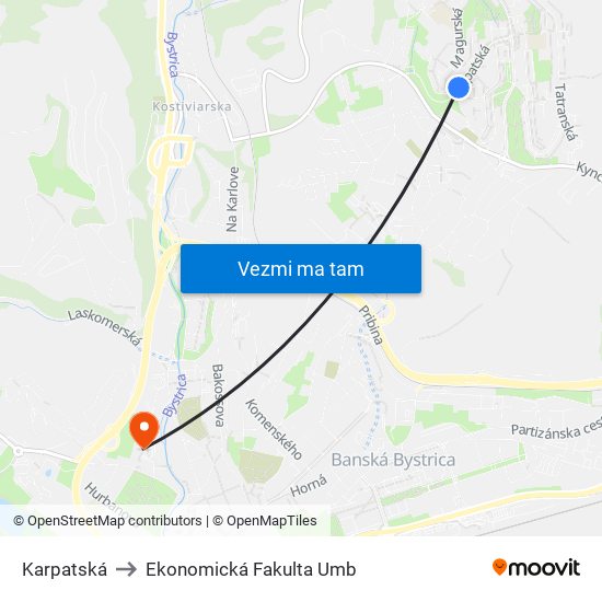 Karpatská to Ekonomická Fakulta Umb map