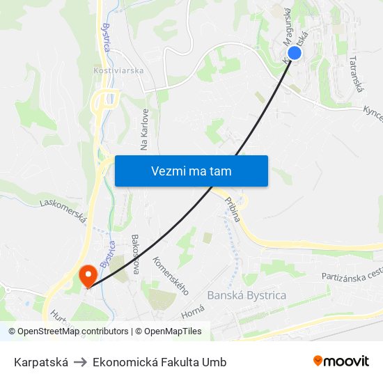 Karpatská to Ekonomická Fakulta Umb map