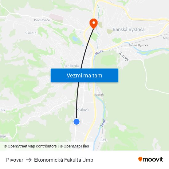 Pivovar to Ekonomická Fakulta Umb map