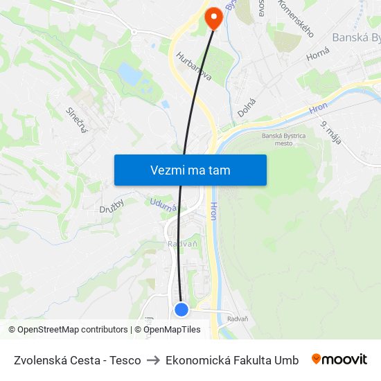 Zvolenská Cesta - Tesco to Ekonomická Fakulta Umb map