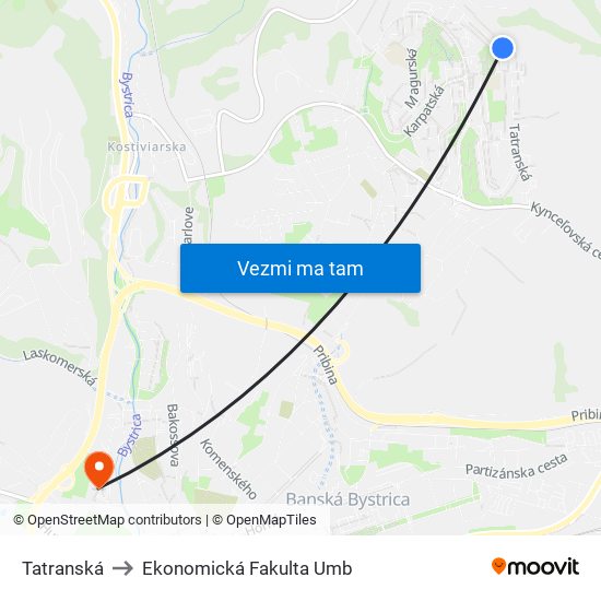 Tatranská to Ekonomická Fakulta Umb map