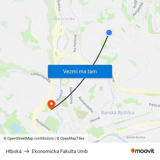 Hlboká to Ekonomická Fakulta Umb map