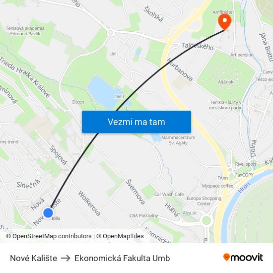 Nové Kalište to Ekonomická Fakulta Umb map