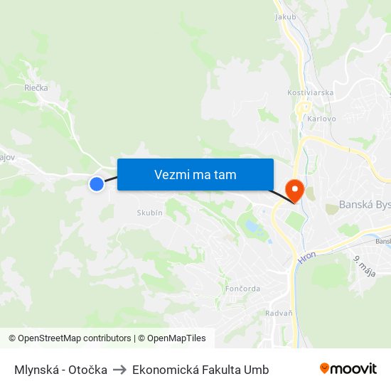 Mlynská - Otočka to Ekonomická Fakulta Umb map